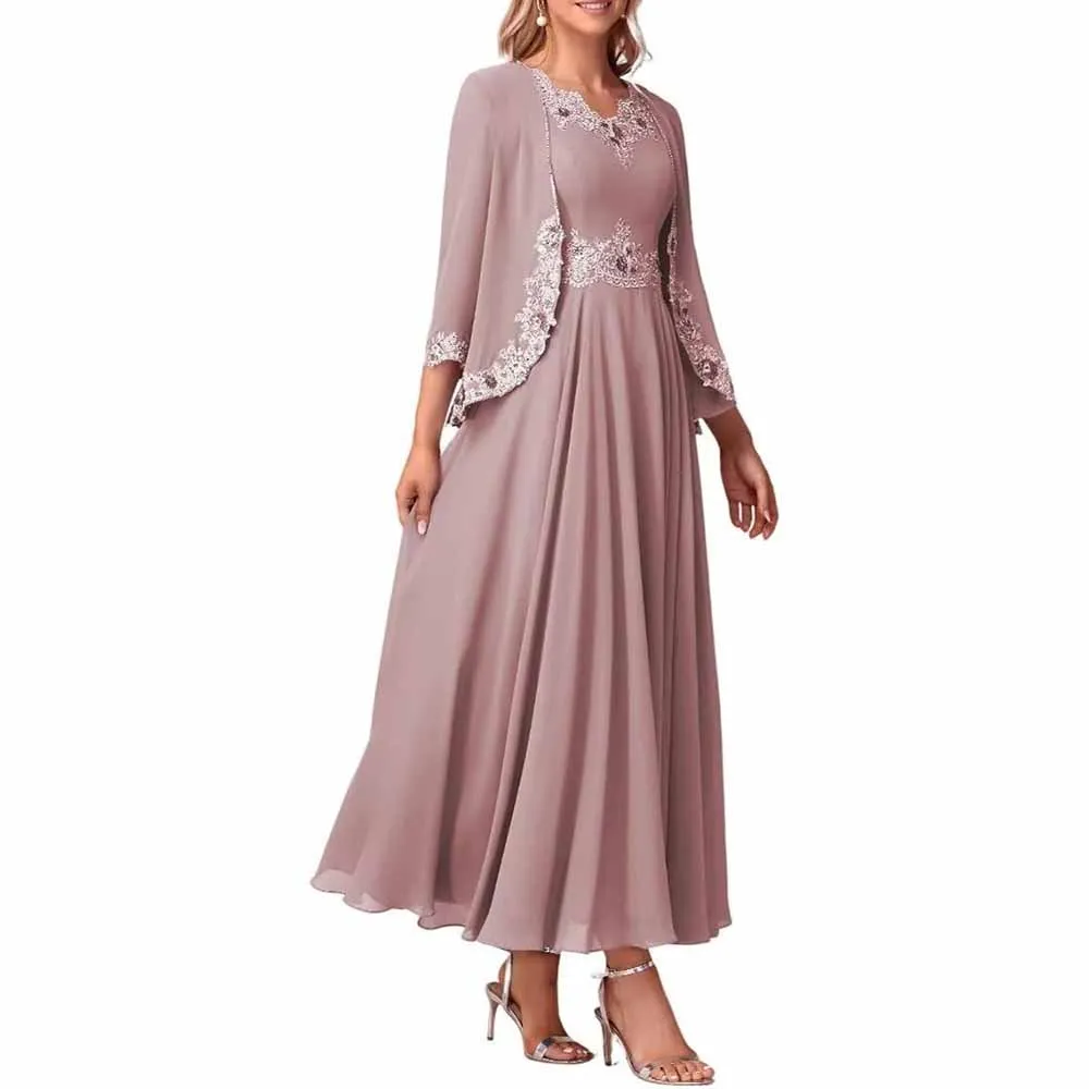 Lace Applique 2 Piece Mother of The Bride Dresses Chiffon Evening Formal Dress with Jacket