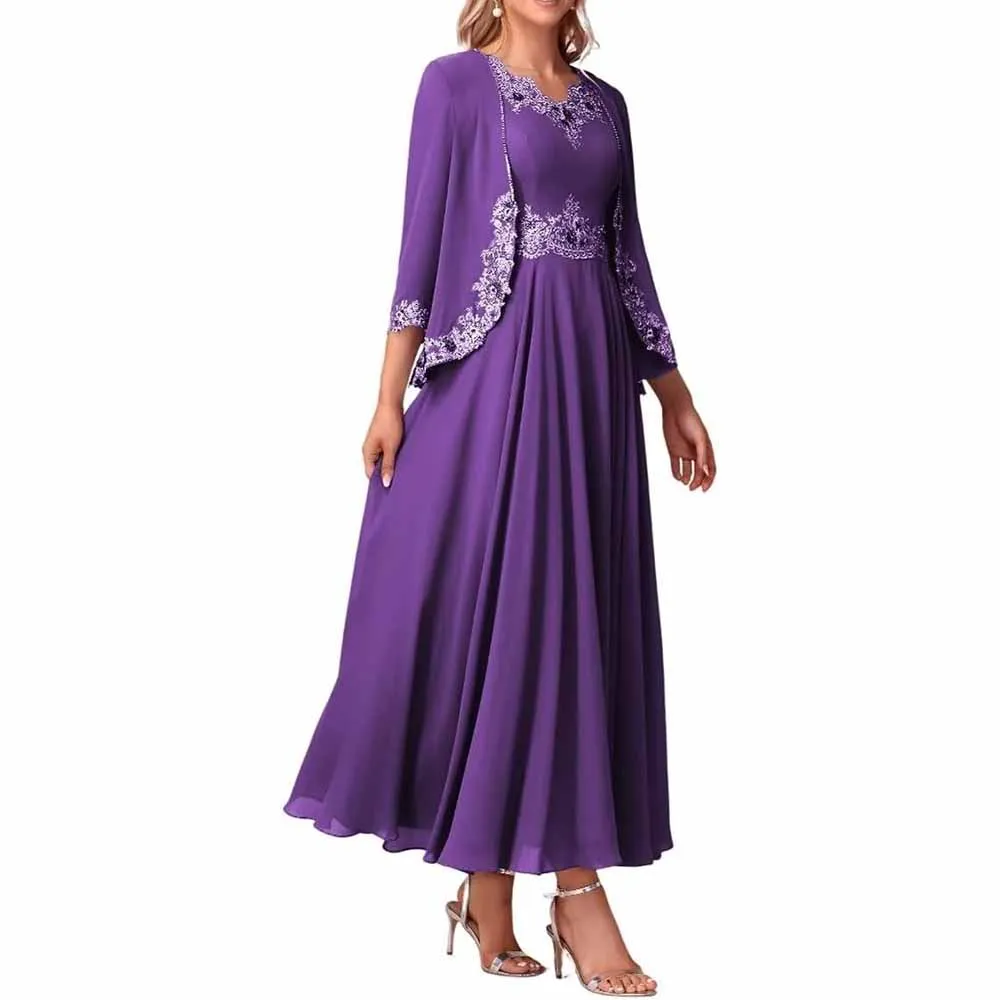 Lace Applique 2 Piece Mother of The Bride Dresses Chiffon Evening Formal Dress with Jacket