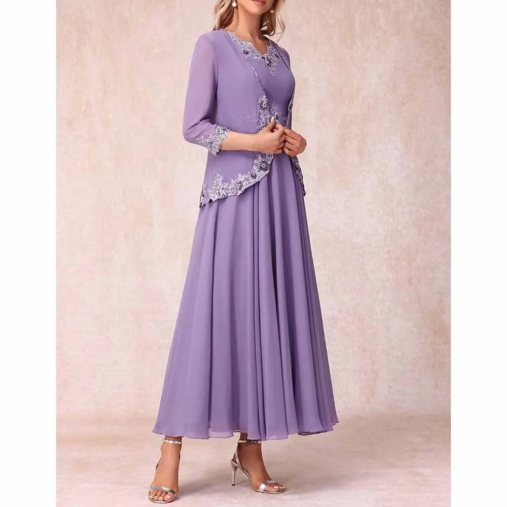 Lace Applique 2 Piece Mother of The Bride Dresses Chiffon Evening Formal Dress with Jacket