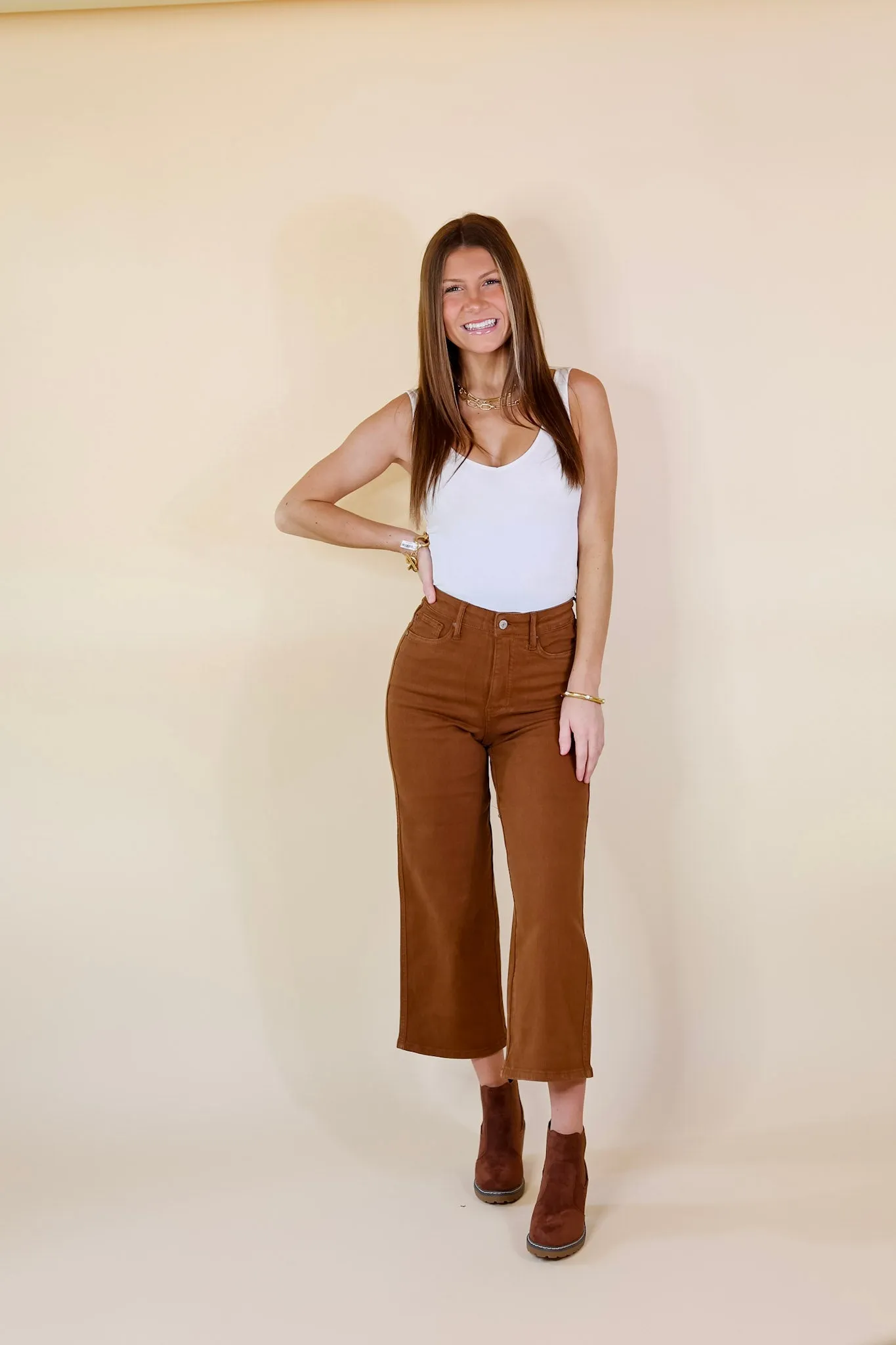 Last Chance Size 0, 1, 3, 7, 9, 15, 22W, & 24W |Judy Blue | Sign Me Up Tummy Control Cropped Wide Leg Jeans in Camel Brown