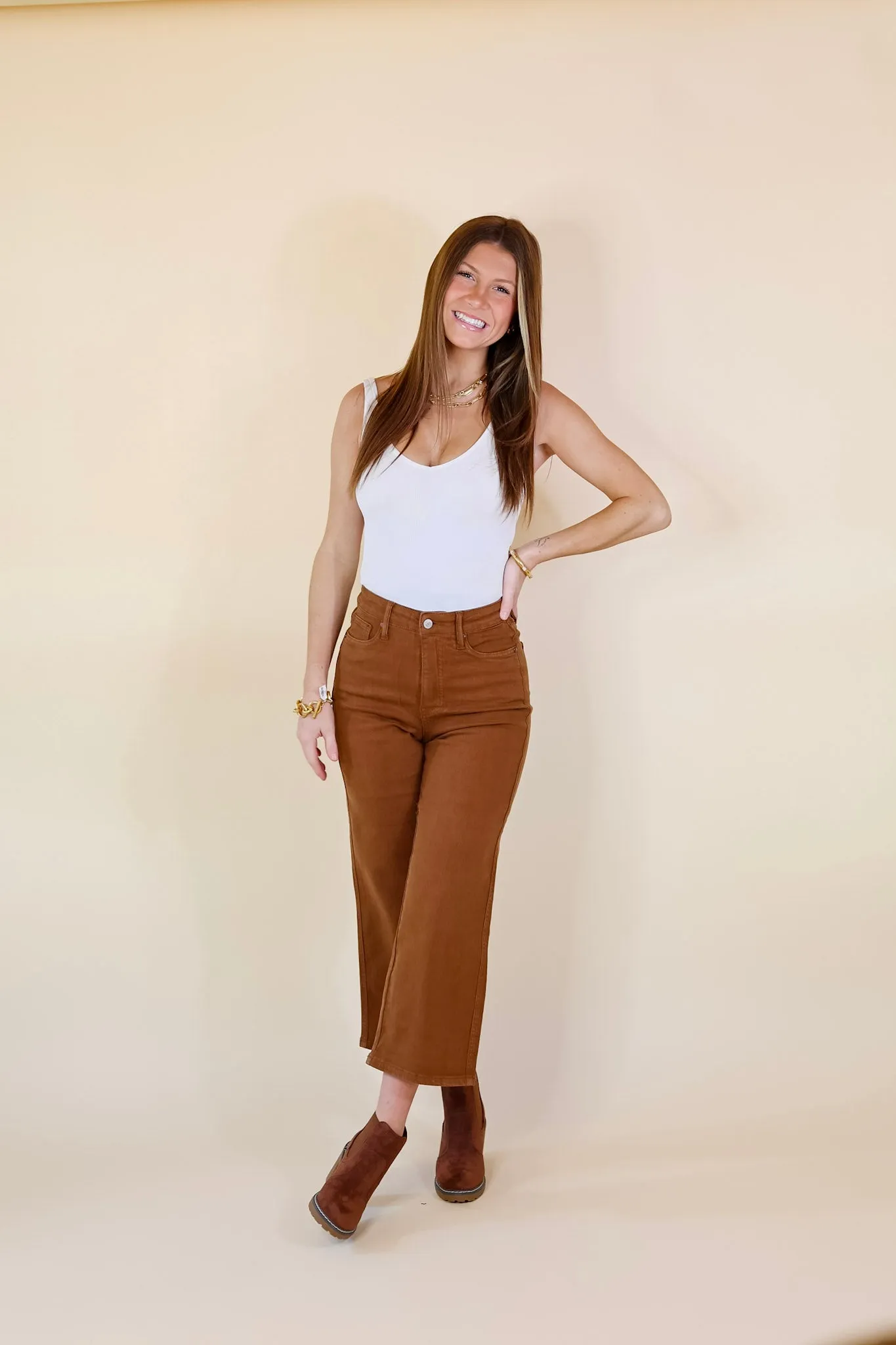 Last Chance Size 0, 1, 3, 7, 9, 15, 22W, & 24W |Judy Blue | Sign Me Up Tummy Control Cropped Wide Leg Jeans in Camel Brown