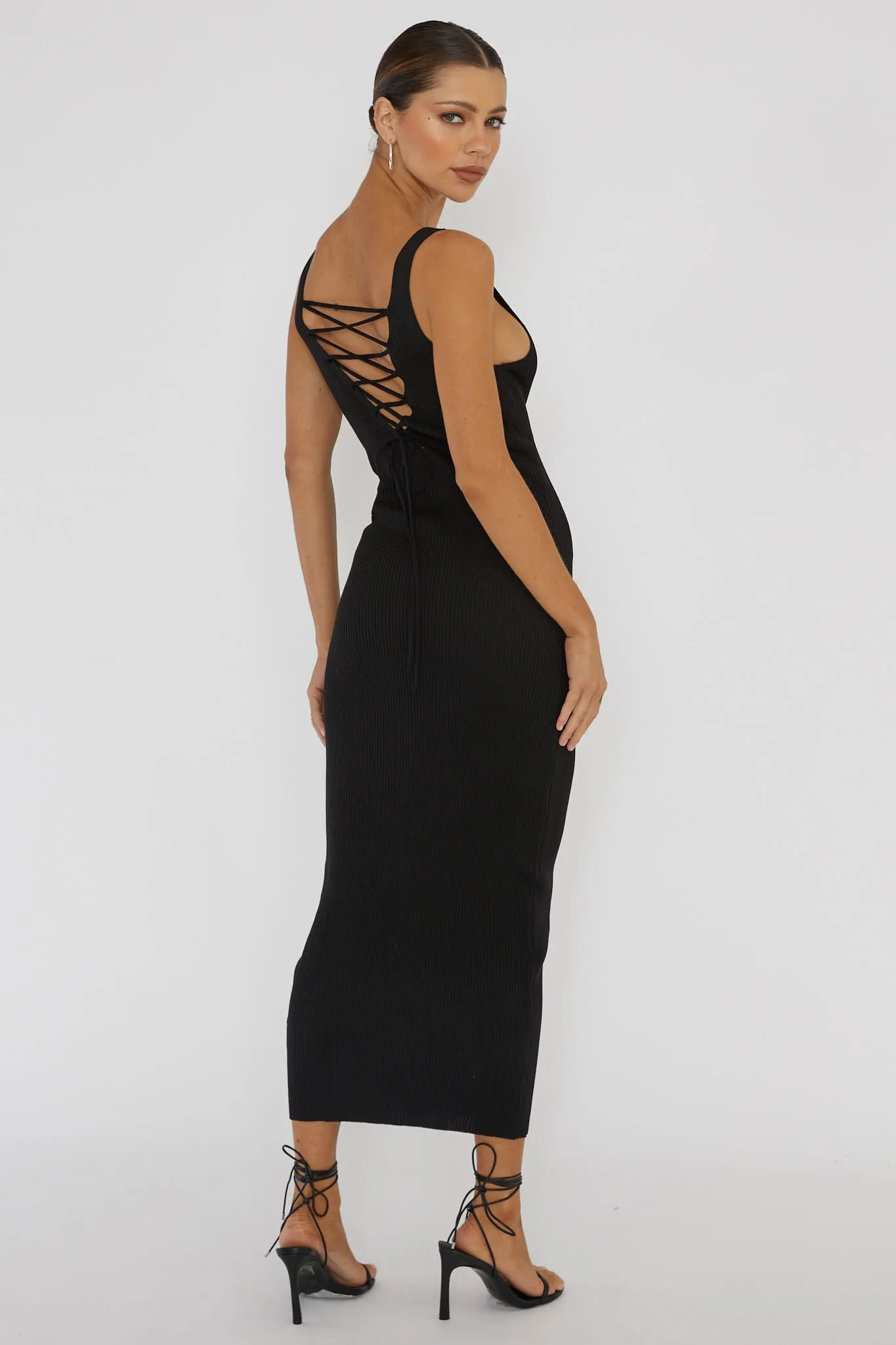 Linzi Lace-Up Back Knit Midi Dress Black