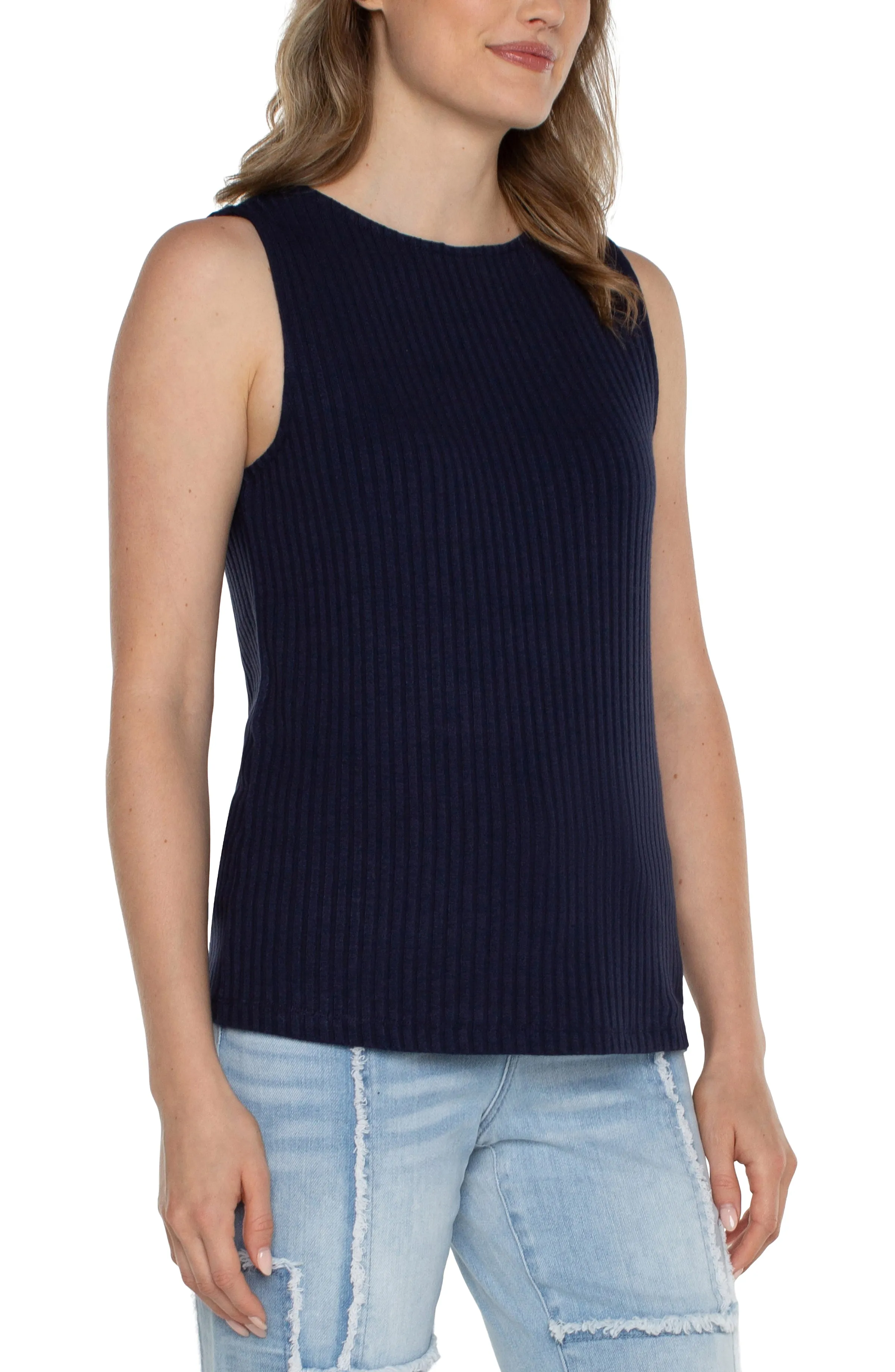 Liverpool Sleeveless Boat Neck Rib Knit Top (Dark Navy)