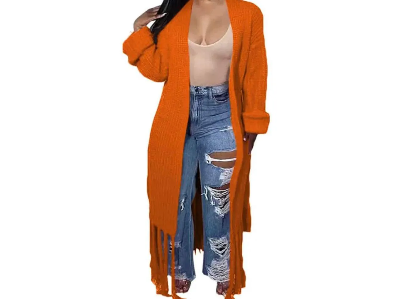 Long Open Front Cozy Fall/Winter Knitted Belt Bottom Tassels Vibrant Color Tall Plus Sized Maxi Cardigan Sweater