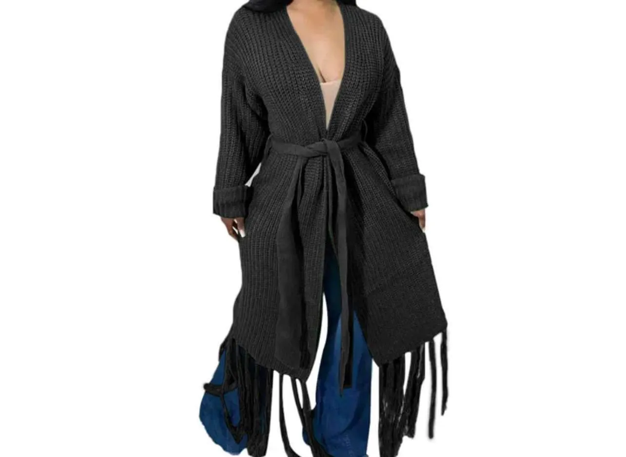 Long Open Front Cozy Fall/Winter Knitted Belt Bottom Tassels Vibrant Color Tall Plus Sized Maxi Cardigan Sweater