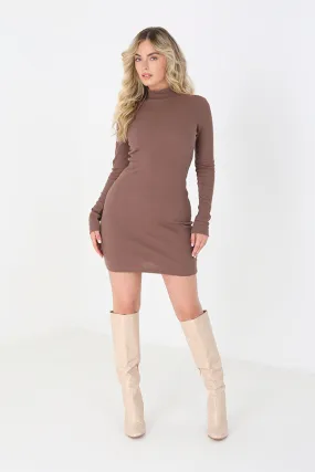 LONG SLEEVE DEEP TAUPE RIB KNIT TURTLE NECK DRESS