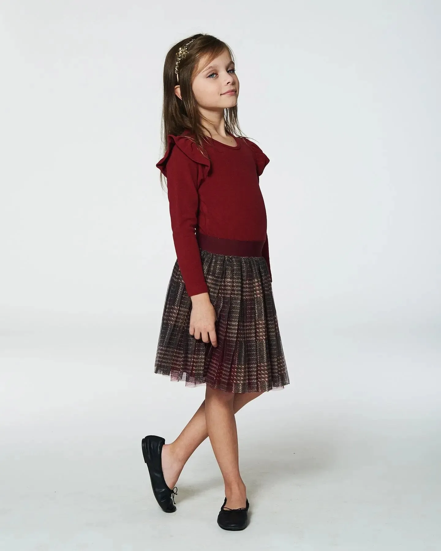 Long Sleeve Dress With Glittering Tulle Skirt Red Plaid