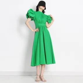 Loose Casual Dress For Women Round Neck Puff Sleeve High Waist Solid Minimalist Midi Dresses Female Summer Clothing