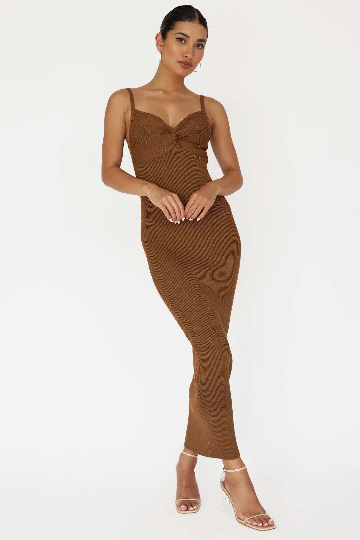 Lover's High Twist Bust Knit Midi Dress Chocolate