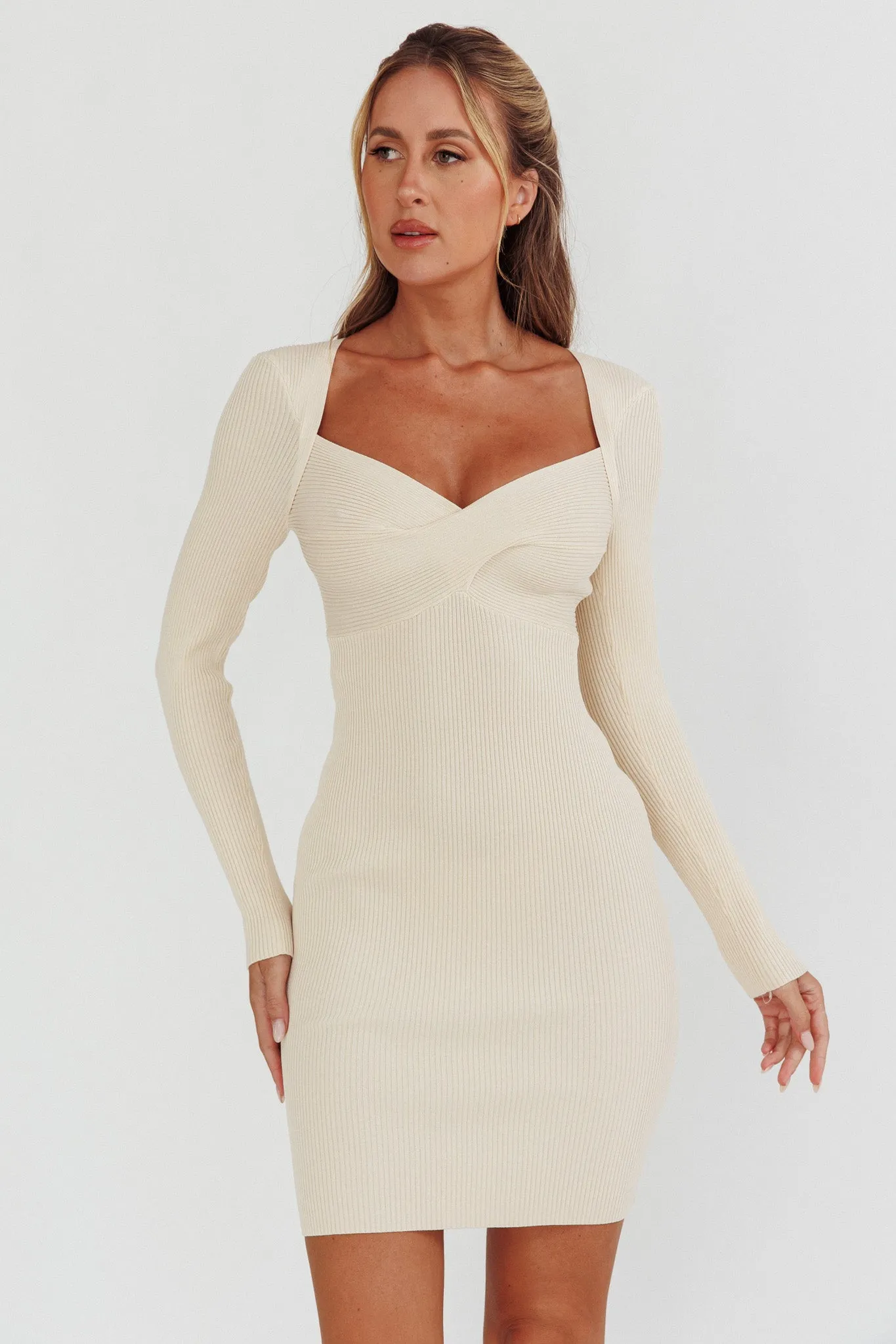 Maribeth Long Sleeve Ribbed Knit Mini Dress Cream