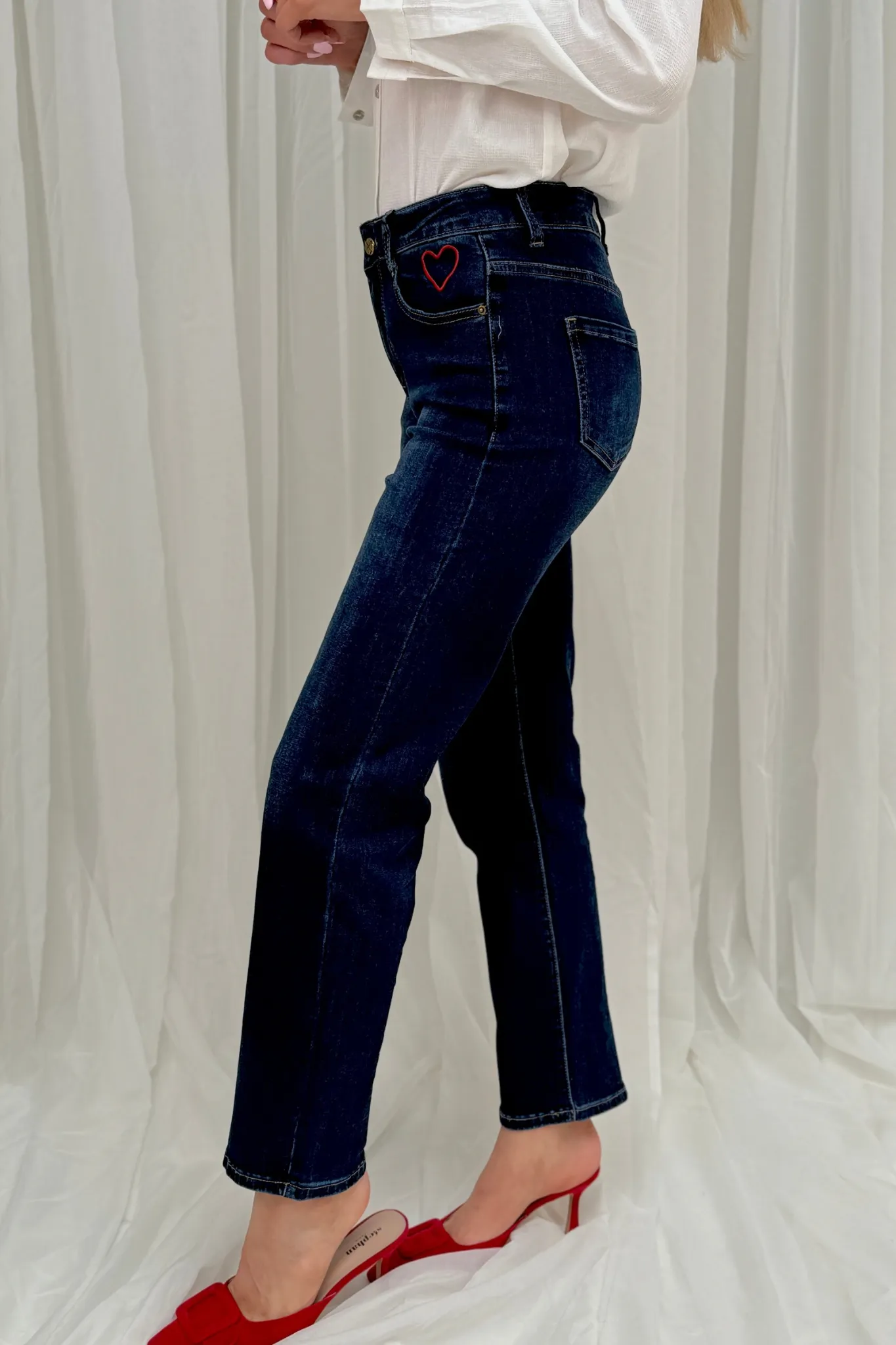 Megan Heart Embroidered Jeans In Dark Wash