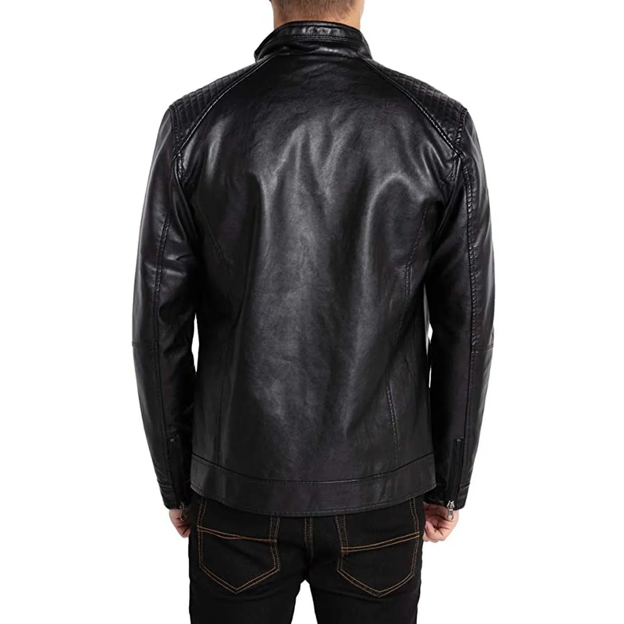 Men Stand Collar Leather Motorcycle Jacket Black