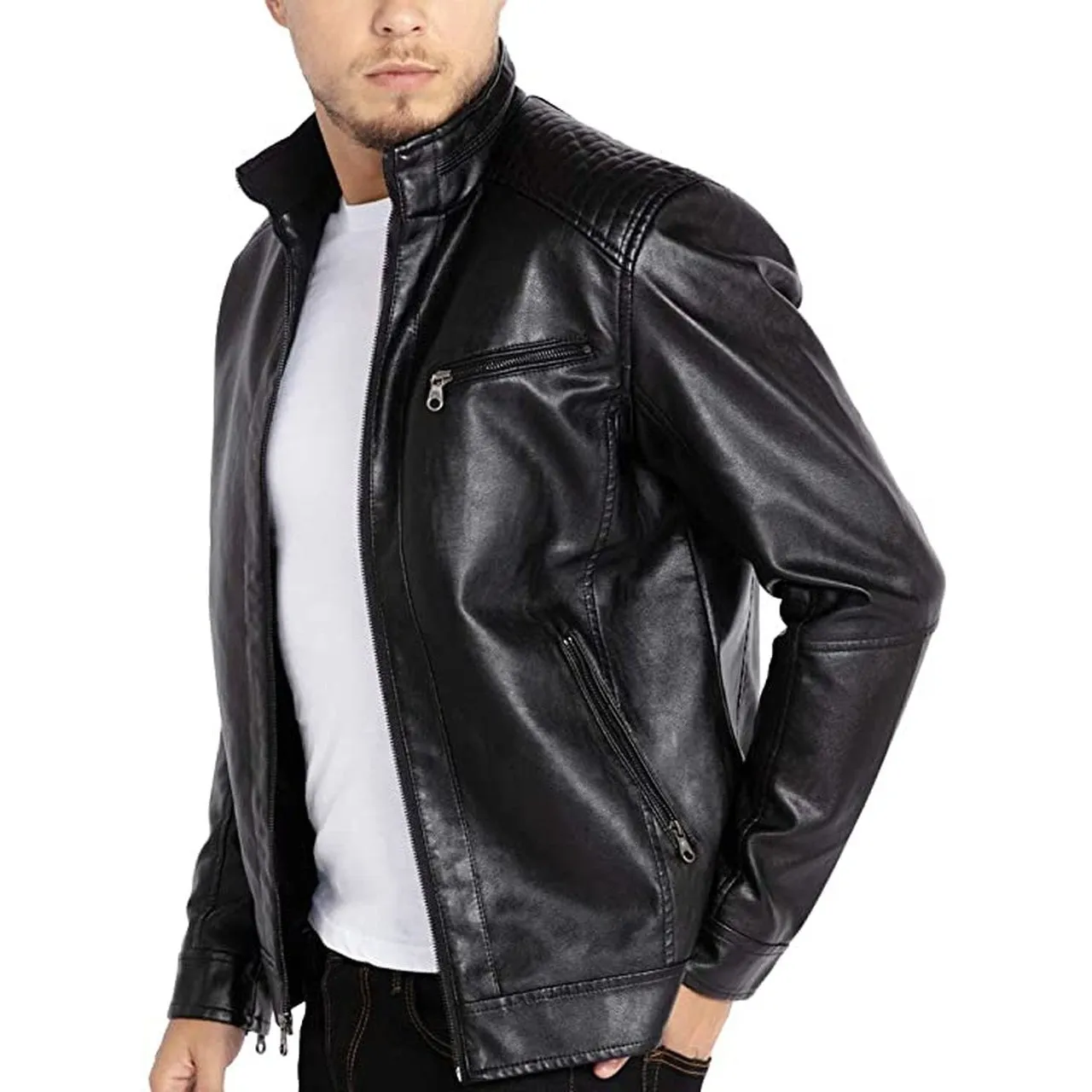 Men Stand Collar Leather Motorcycle Jacket Black