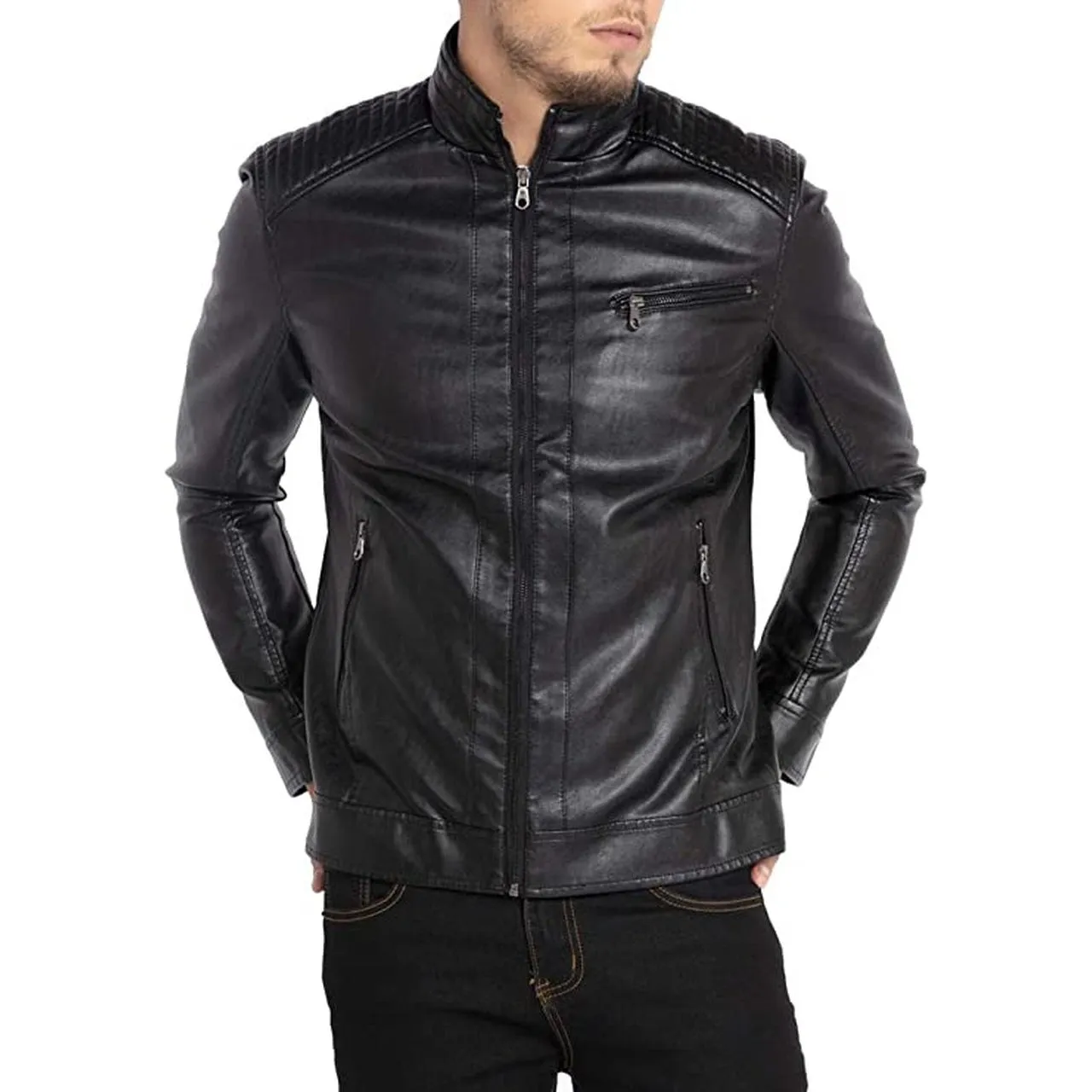 Men Stand Collar Leather Motorcycle Jacket Black