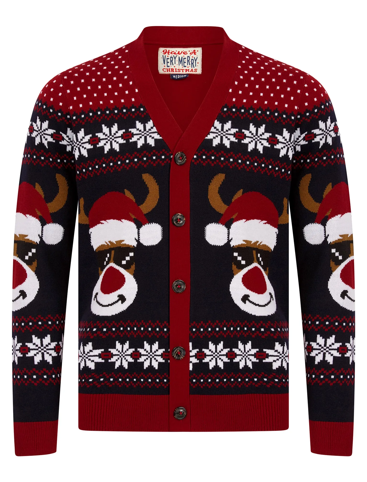 Men's Deer Festive Pattern Novelty Knitted Christmas Cardigan in Red - Merry Christmas