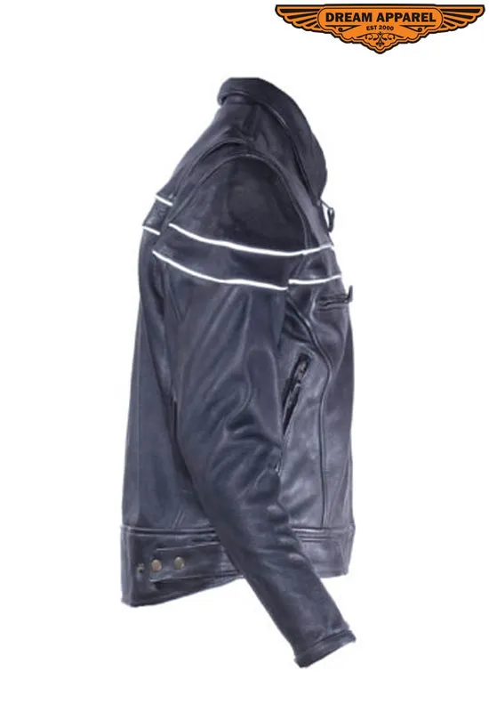 Mens Leather Racer Motorcycle Jacket With Reflective Piping