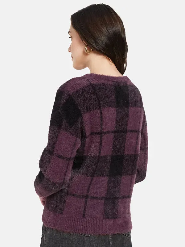 Mettle Women Purple  Black Checked Pullover