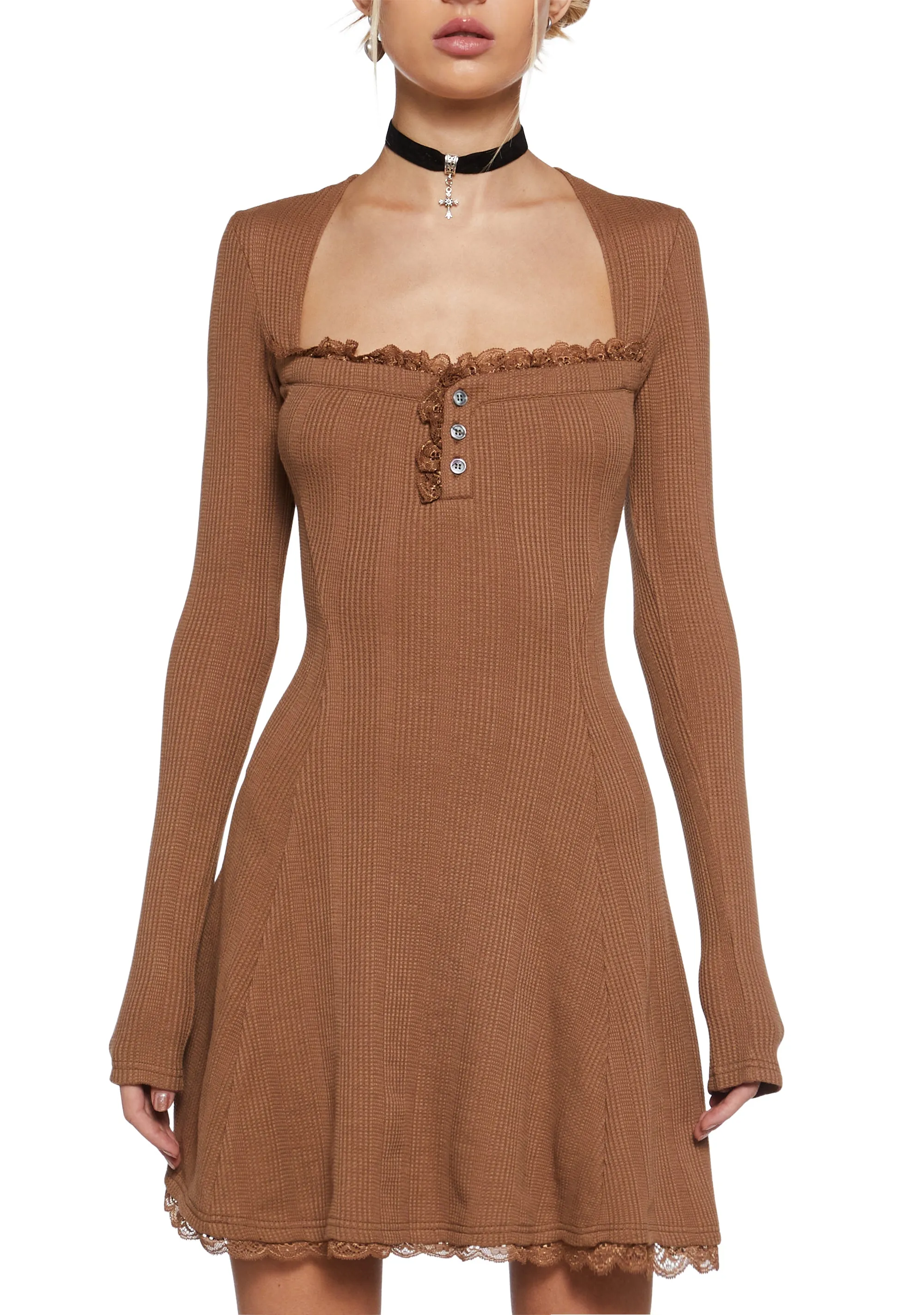 Mid Century Date Thermal Dress  - Brown