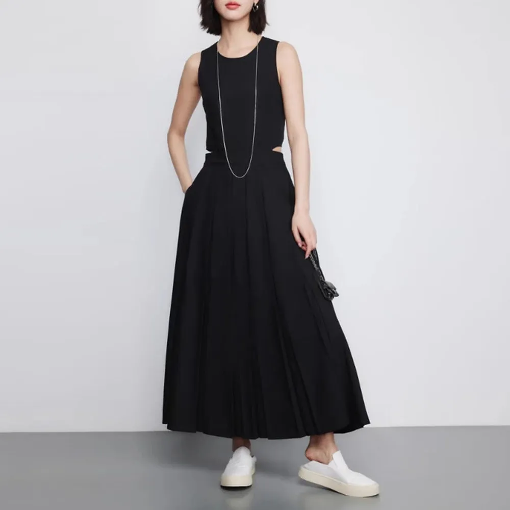 Minimalist Pleated Dresses For Women Round Neck Sleeveless High Waist Pleated Off Shoulder Dress Female Fashion