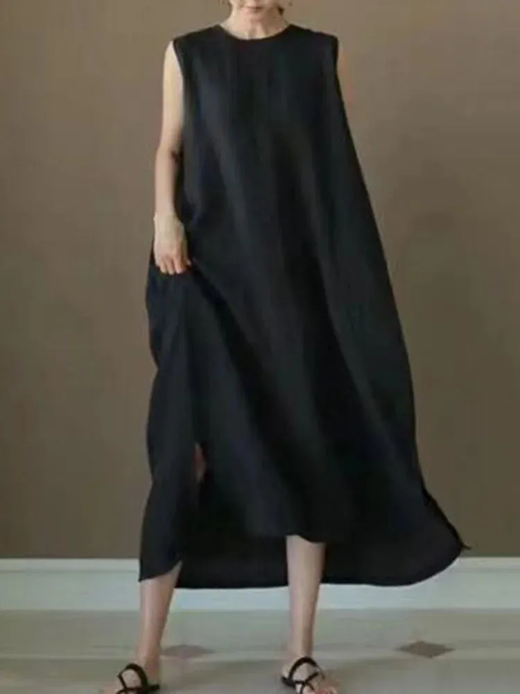 Minimalist Style Linen Women Dress O Neck Sleeveless High Waist Loose Wide Split Midi Dresses For Female Fashion Clothes New