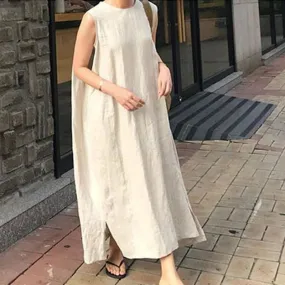 Minimalist Style Linen Women Dress O Neck Sleeveless High Waist Loose Wide Split Midi Dresses For Female Fashion Clothes New