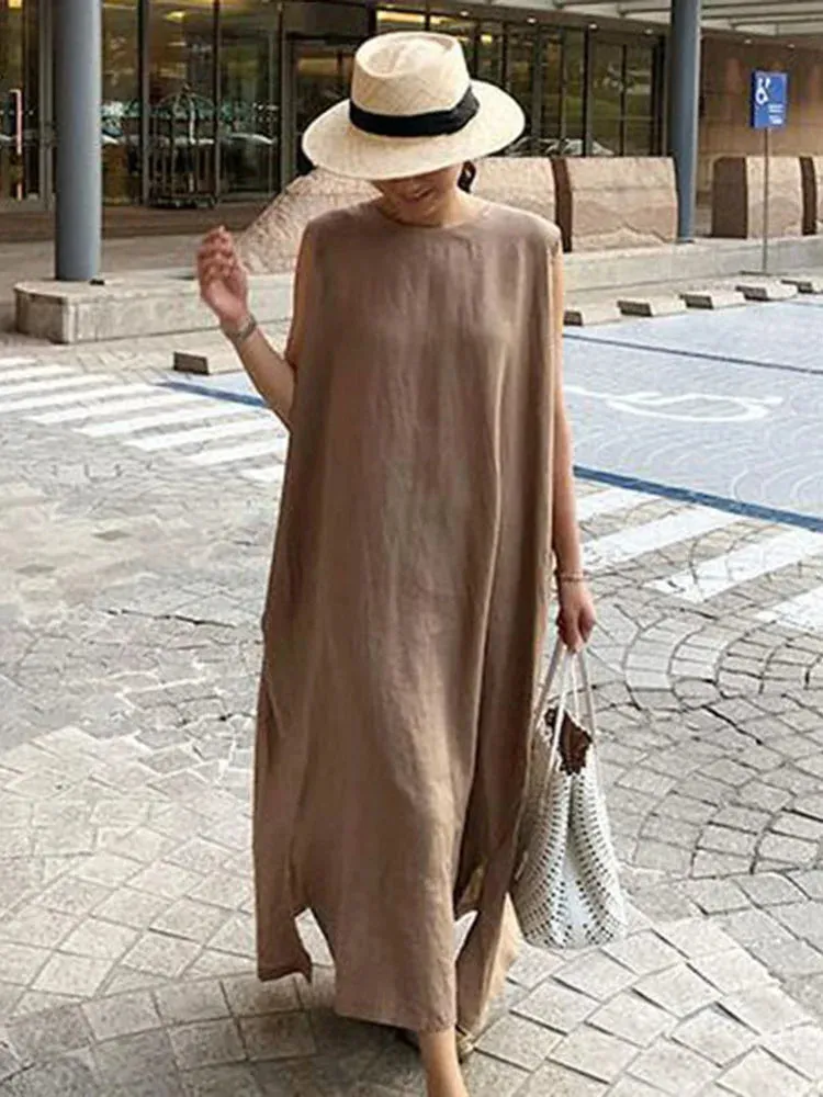 Minimalist Style Linen Women Dress O Neck Sleeveless High Waist Loose Wide Split Midi Dresses For Female Fashion Clothes New