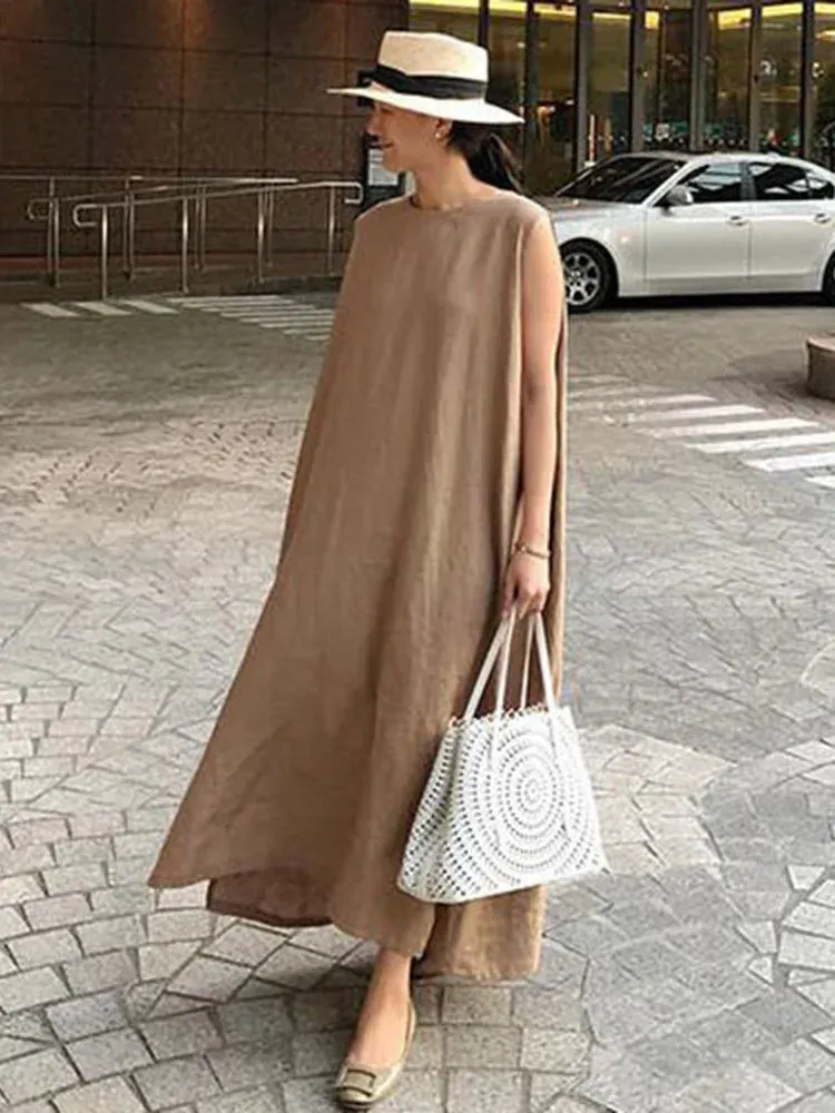 Minimalist Style Linen Women Dress O Neck Sleeveless High Waist Loose Wide Split Midi Dresses For Female Fashion Clothes New