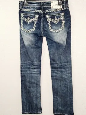 Miss Me Women's Preloved Mid-Rise Easy Cuffed Straight Dark Wash Distressed Jeans Size 25