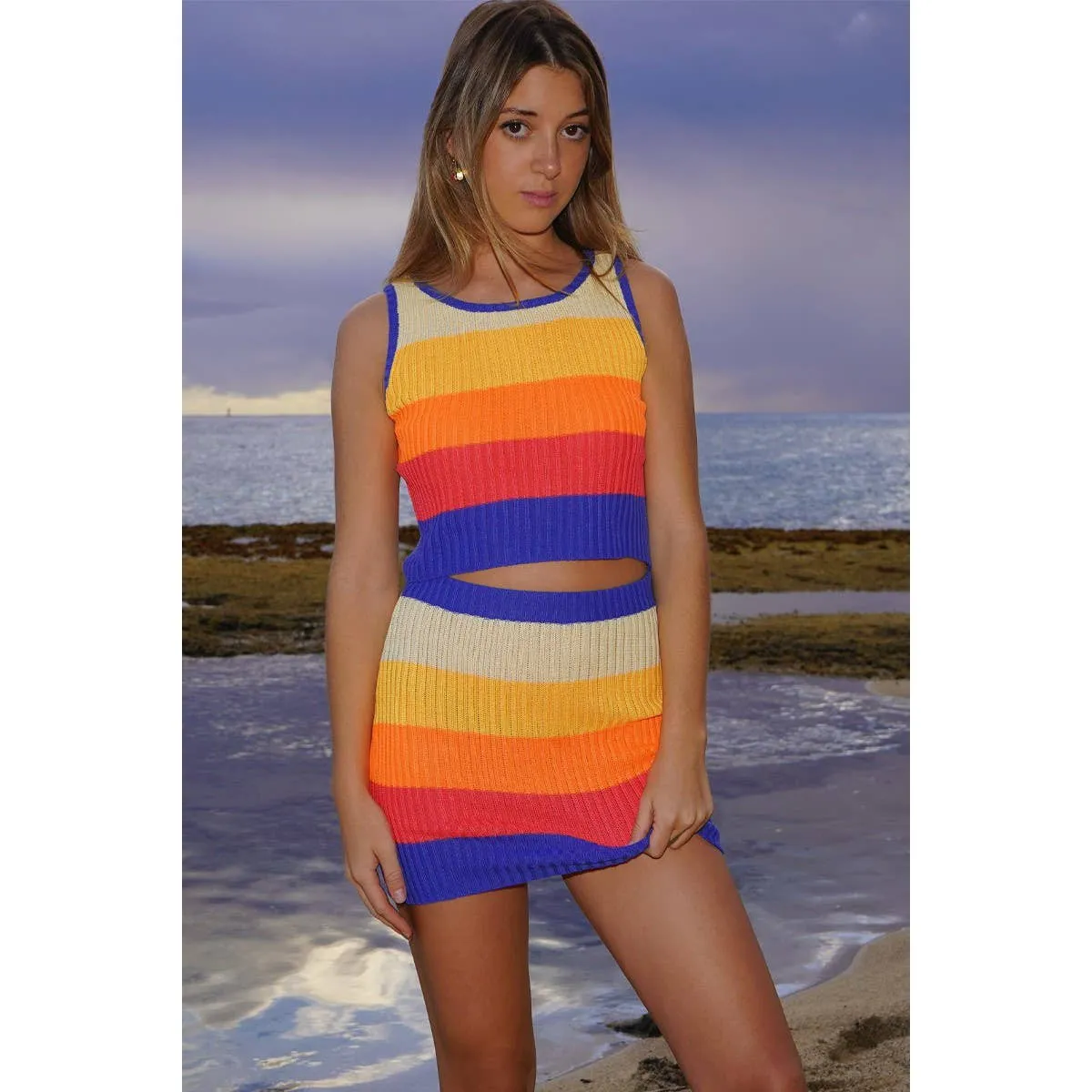 Miss Sparkling Rib Knit Set Skirt and Top | Orange and Blue Stripes [Sizes L and XL]