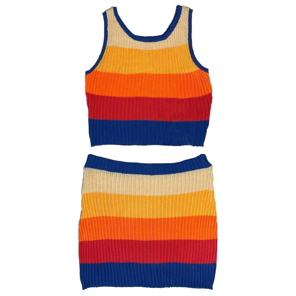 Miss Sparkling Rib Knit Set Skirt and Top | Orange and Blue Stripes [Sizes L and XL]