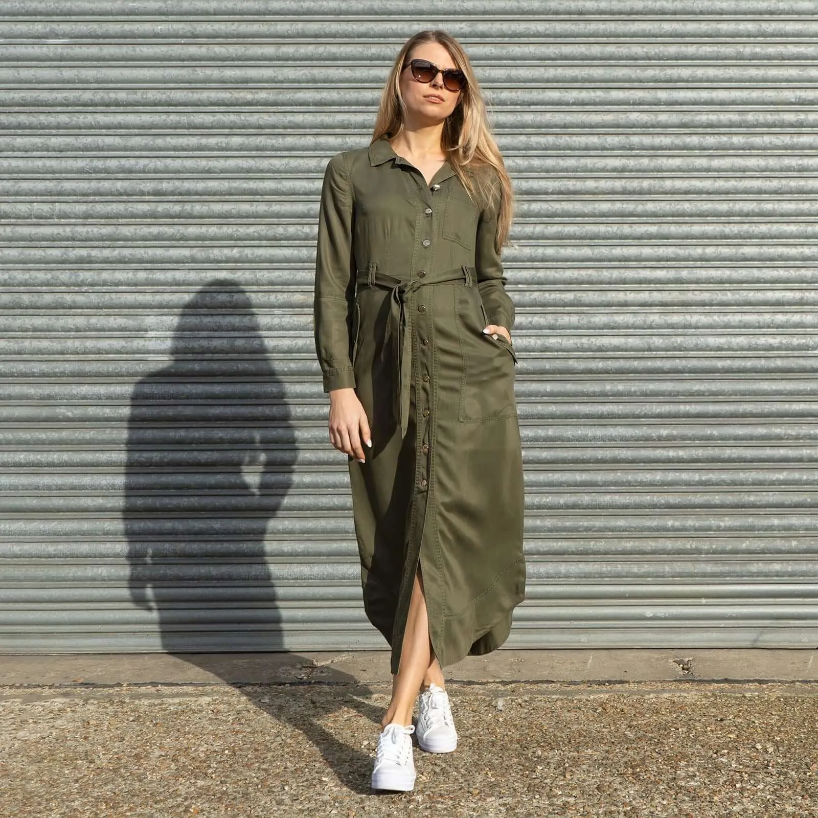 Next Belted Utility Long Sleeve Belted Button-Up Midi Midaxi Shirt Dresses