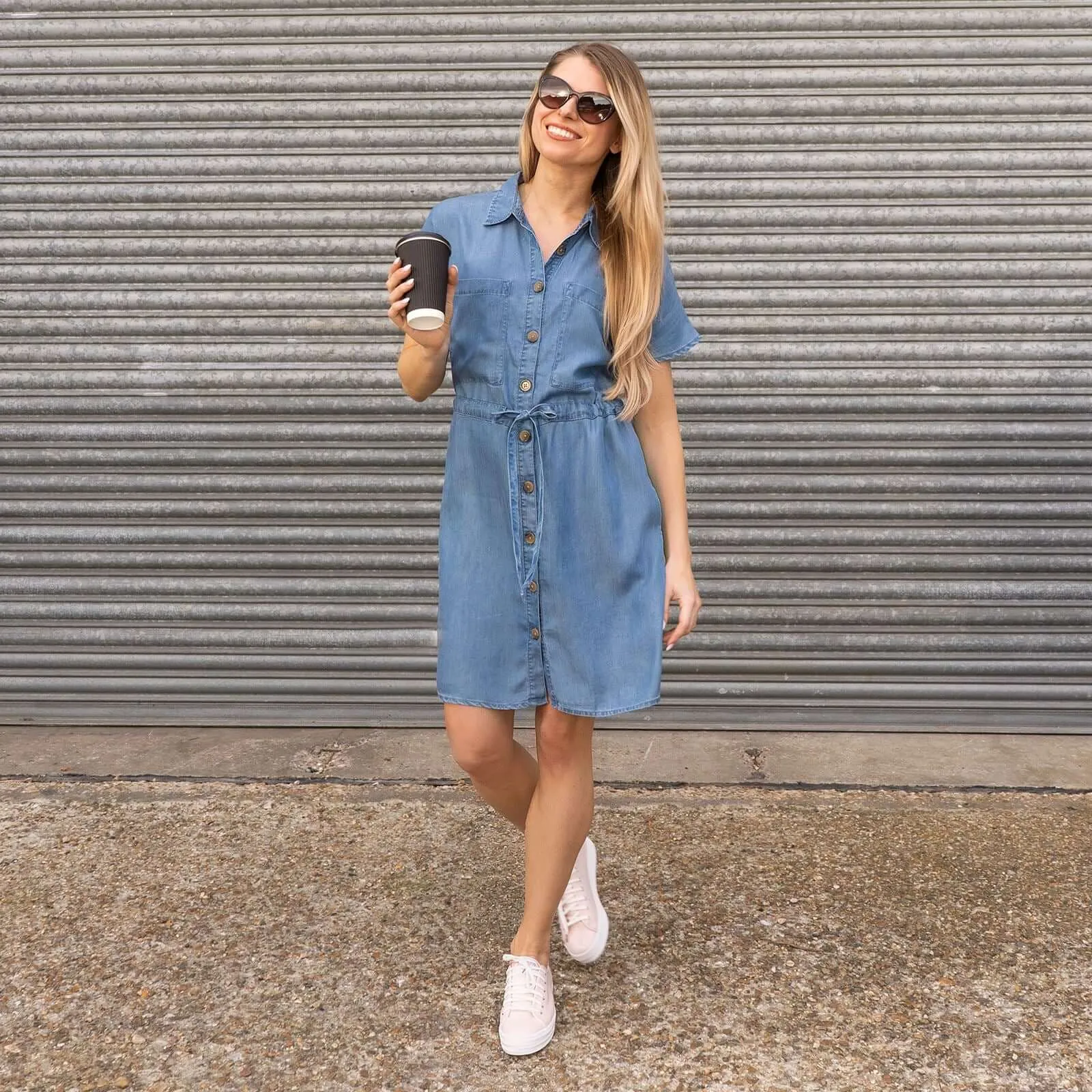 Next Blue Denim Short Sleeve Drawstring Waist Short Dress