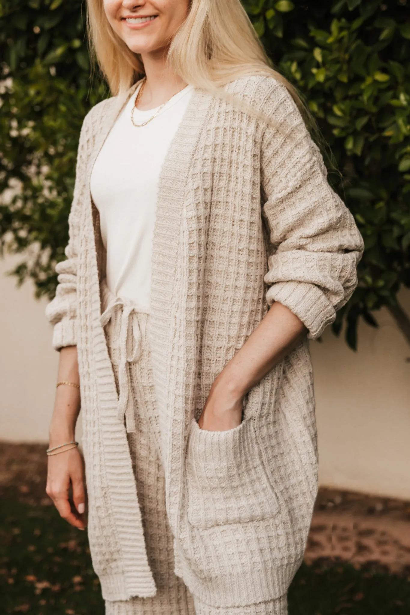 Northern Waffle Knit Open Front Cardigan in Oatmeal