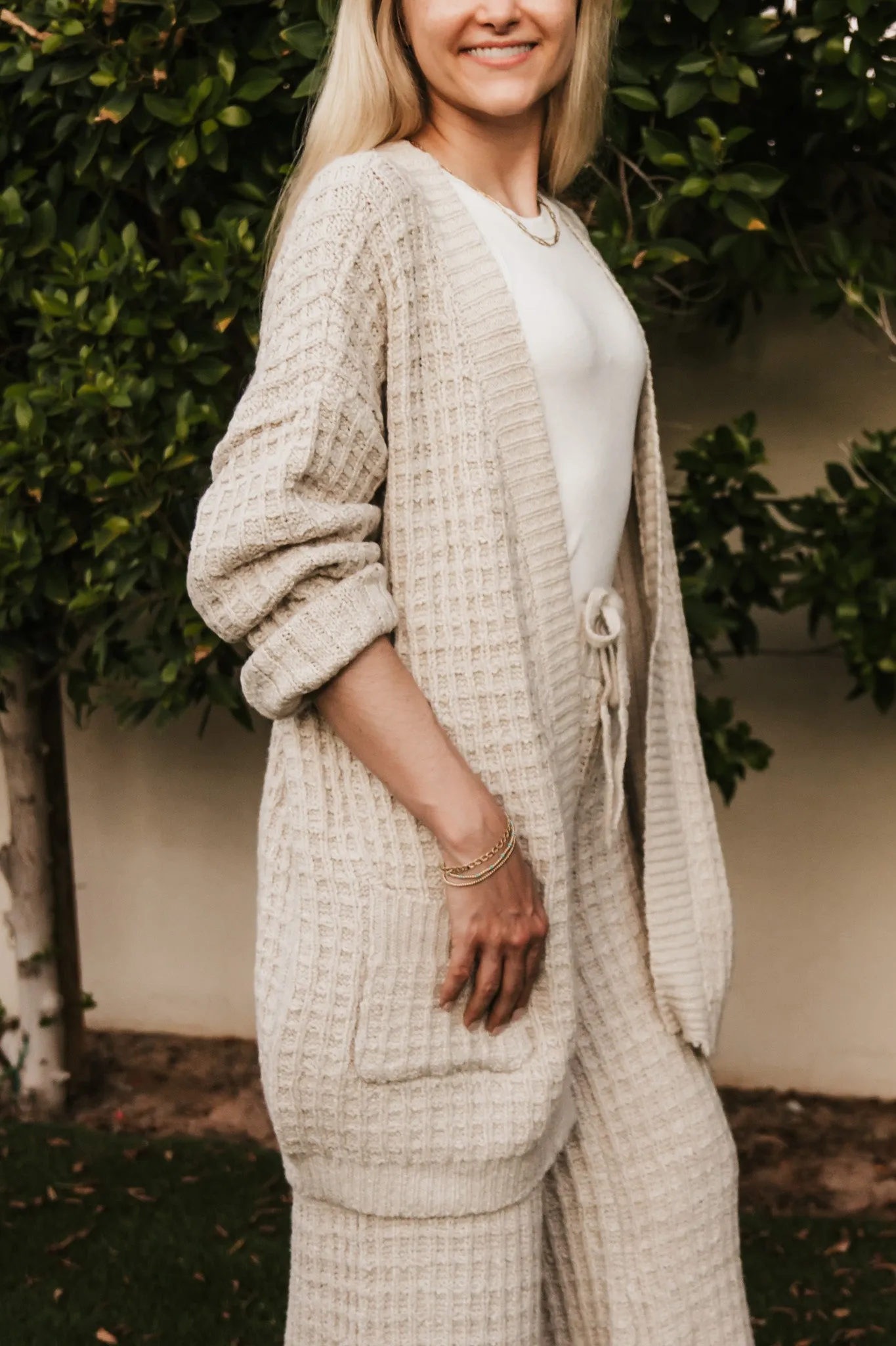 Northern Waffle Knit Open Front Cardigan in Oatmeal