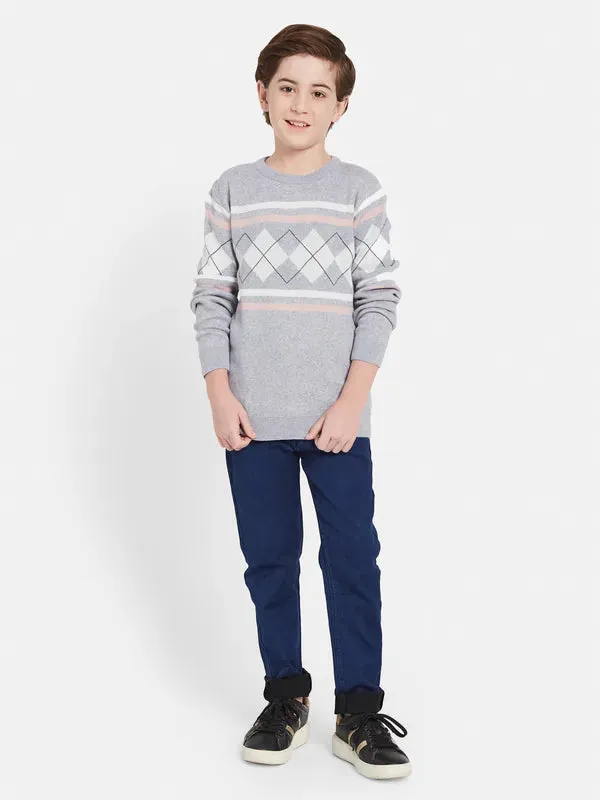 Octave Boys Geometric Printed Round Neck Long Sleeve Pullover Cotton Sweaters