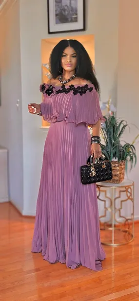 OFF SHOULDER FLORAL/PLEATED MAXI DRESS(PINK)