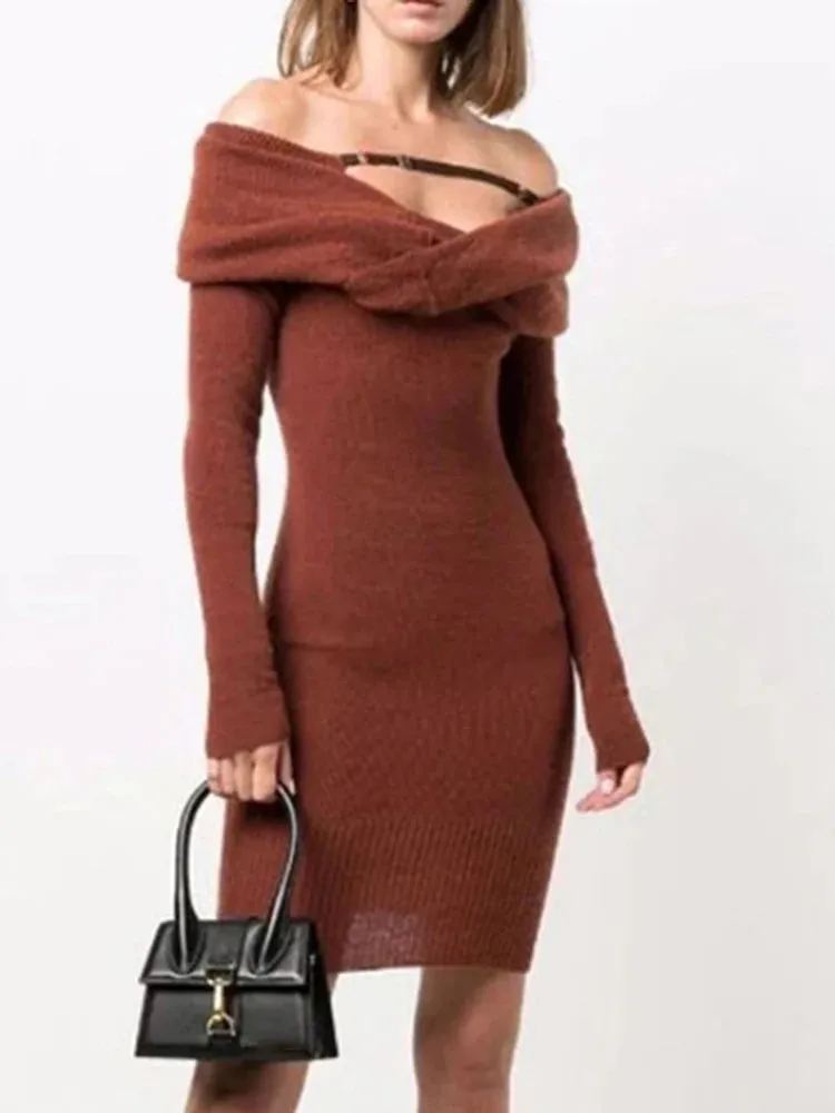 Off Shoulder Slash Neck Long Sleeve Dress For Women High Waist Knitting Skinny Solid Minimalist Mini Dresses Female Clothing