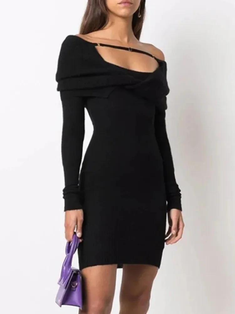 Off Shoulder Slash Neck Long Sleeve Dress For Women High Waist Knitting Skinny Solid Minimalist Mini Dresses Female Clothing