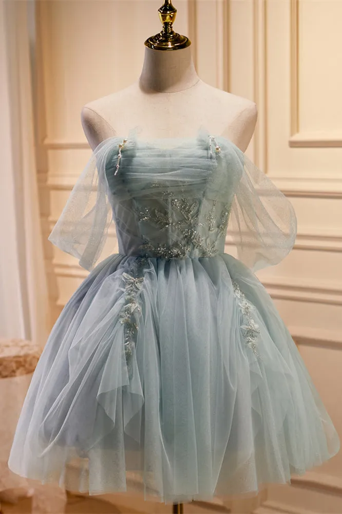 Off the Shoulder Light Green Short Tulle Homecoming Dress