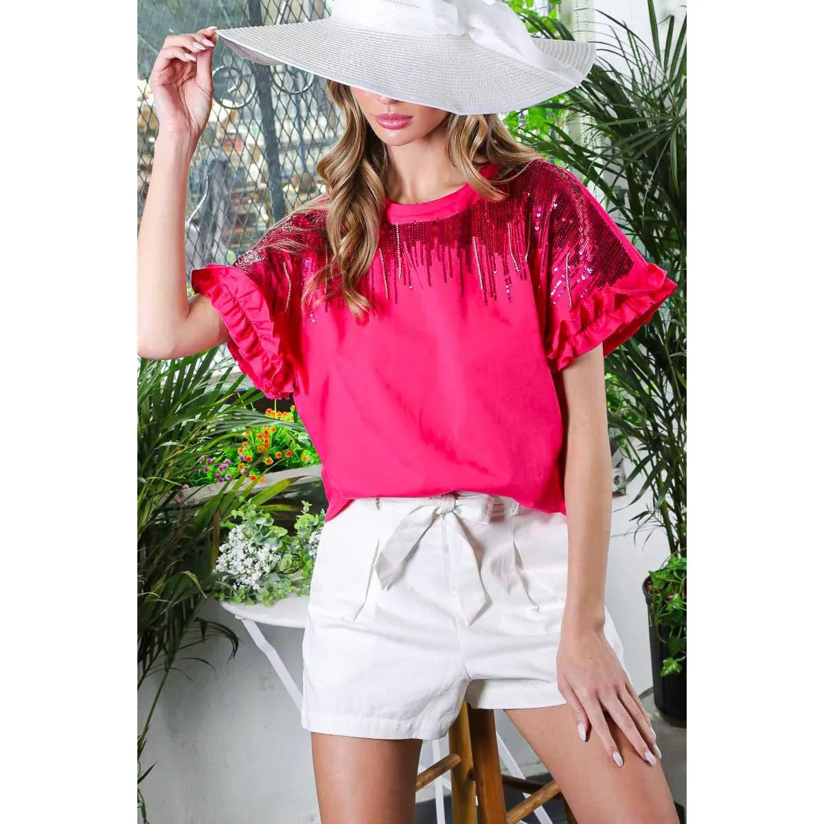 Ombre Sequin & Rhinestone Cotton Knit Top With Ruffle  [Available in Sizes SM-L]