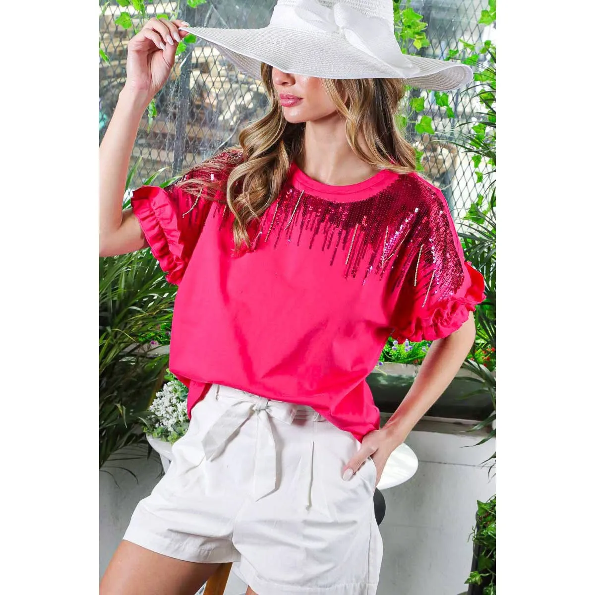 Ombre Sequin & Rhinestone Cotton Knit Top With Ruffle  [Available in Sizes SM-L]