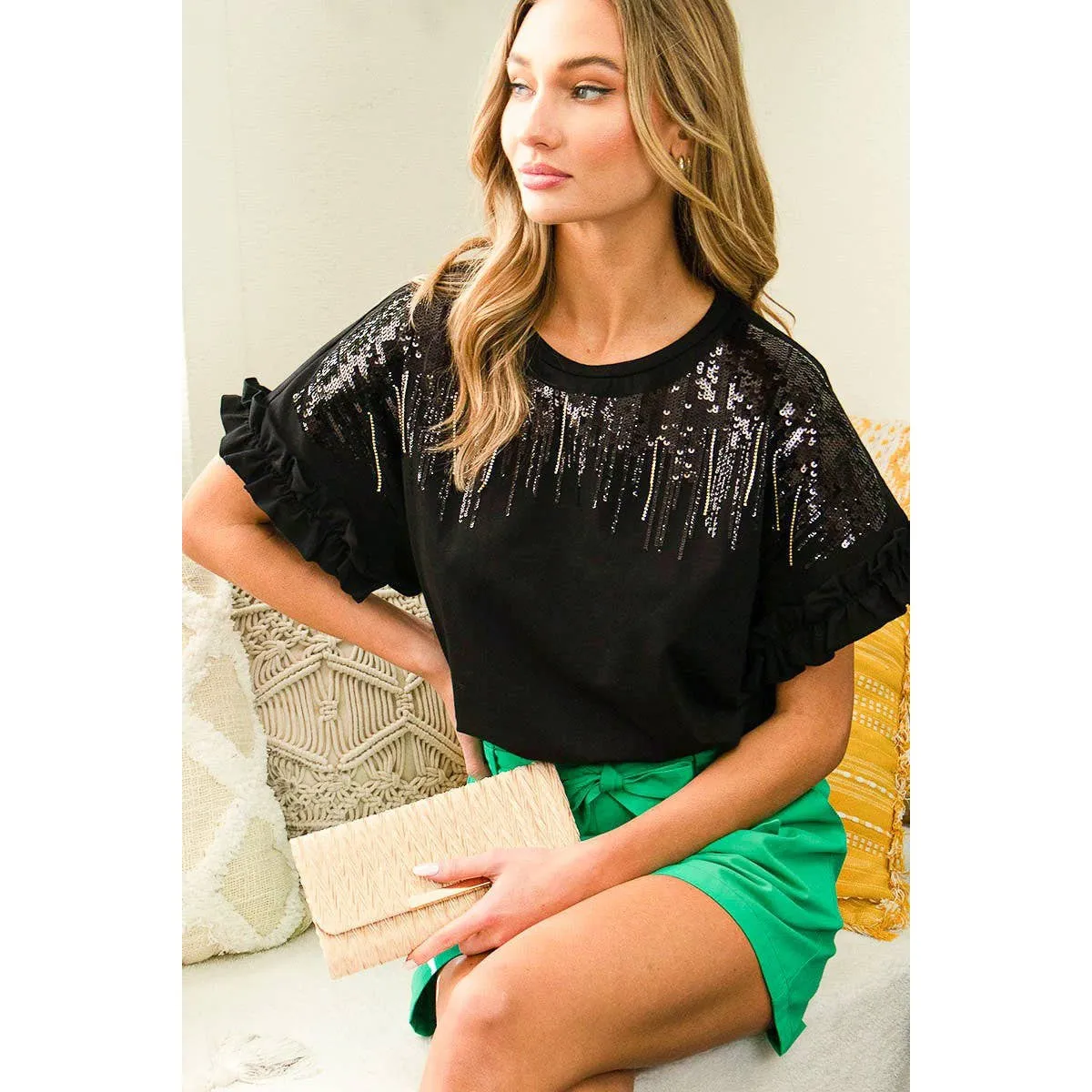 Ombre Sequin & Rhinestone Cotton Knit Top With Ruffle  [Available in Sizes SM-L]