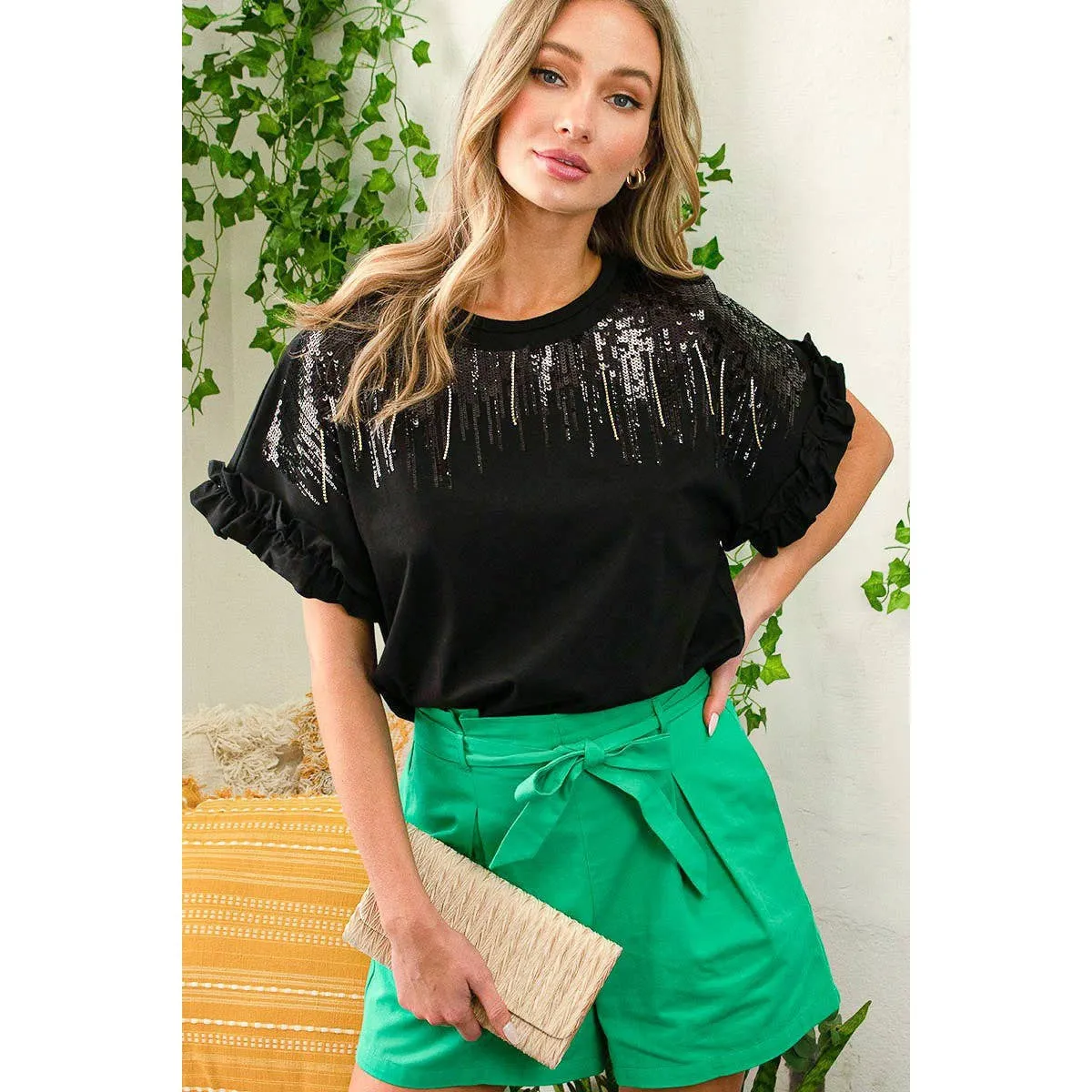 Ombre Sequin & Rhinestone Cotton Knit Top With Ruffle  [Available in Sizes SM-L]