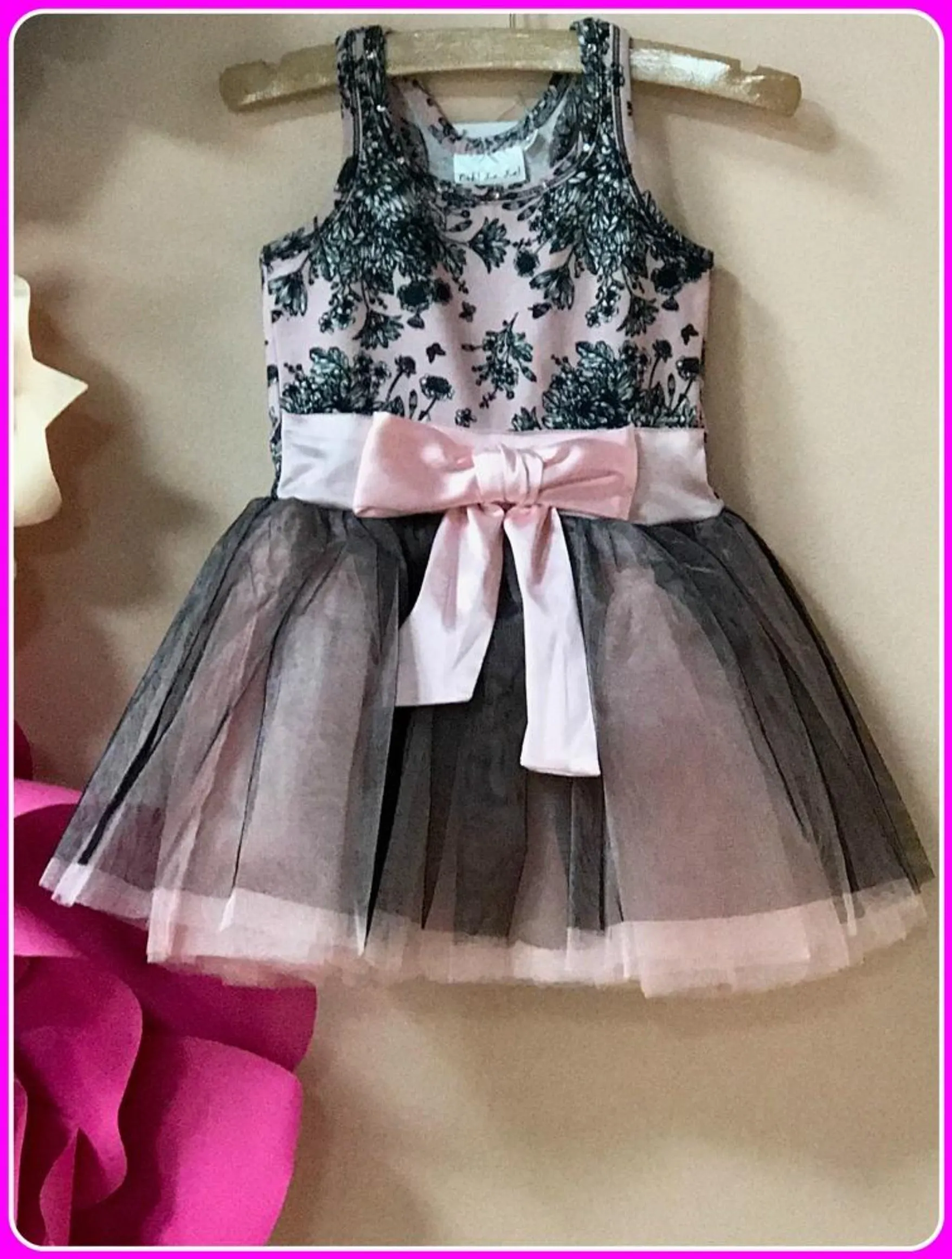 Ooh La La Couture Pink and Black Toile Tie Bow Tutu Dress