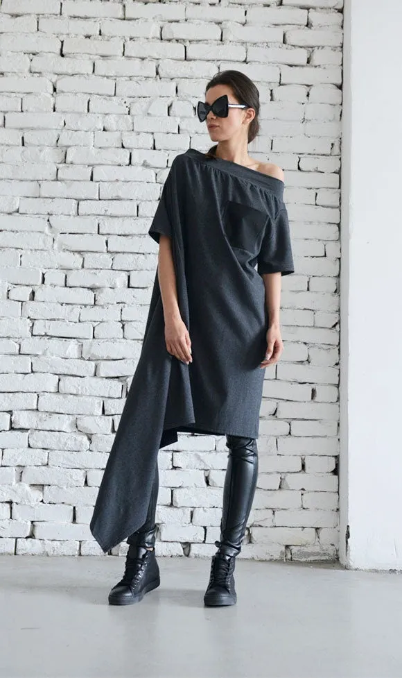 Oversize Open Shoulder Dark Gray Dress