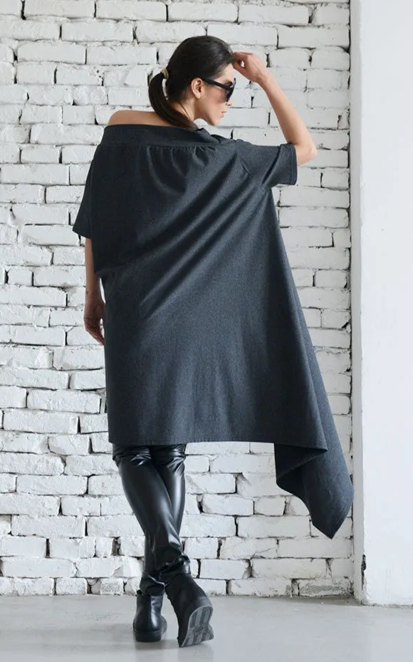 Oversize Open Shoulder Dark Gray Dress