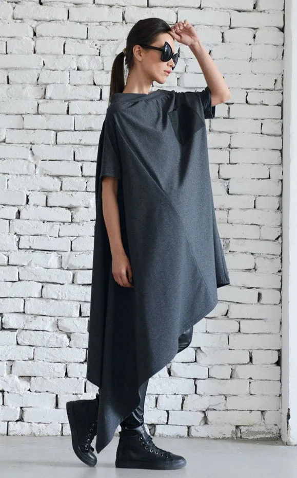 Oversize Open Shoulder Dark Gray Dress