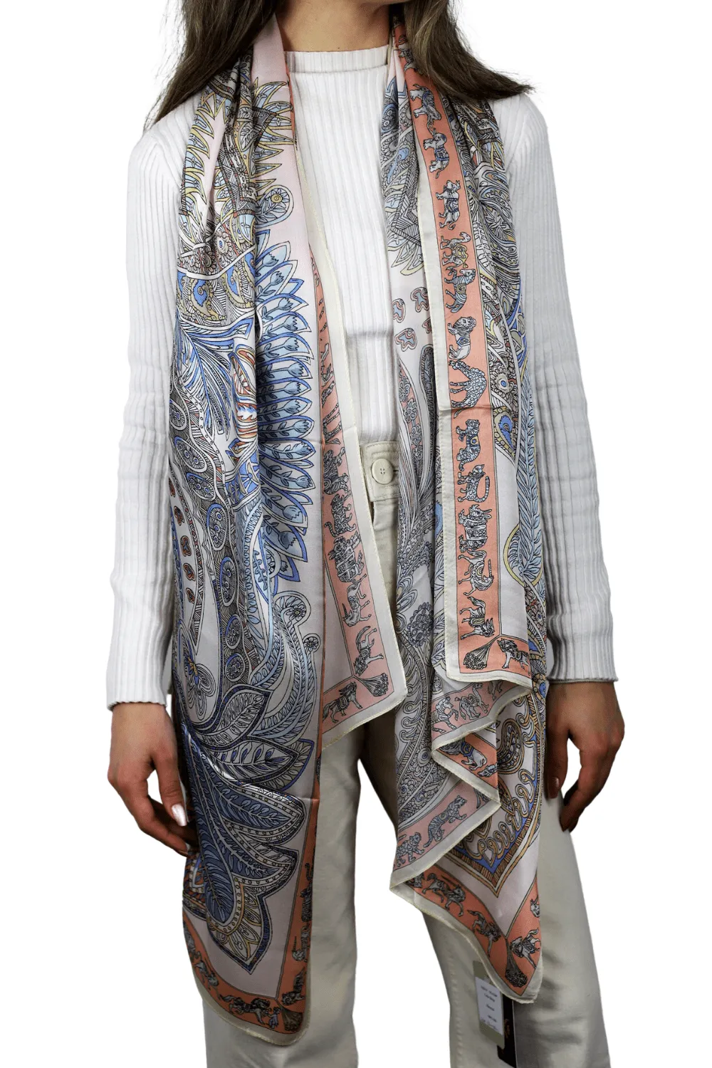 Paisley Print 100% Silk Scarf - Beige