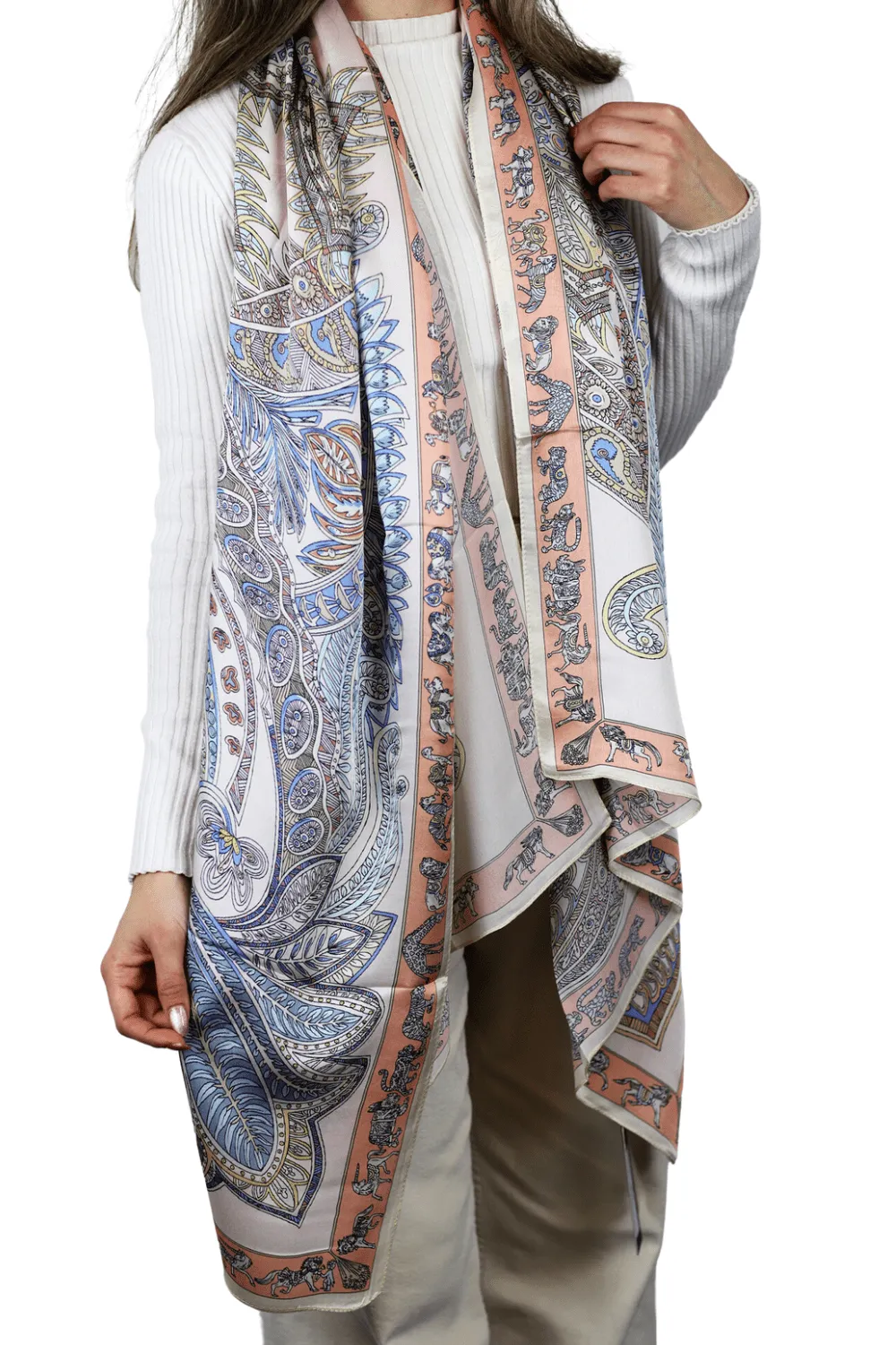 Paisley Print 100% Silk Scarf - Beige