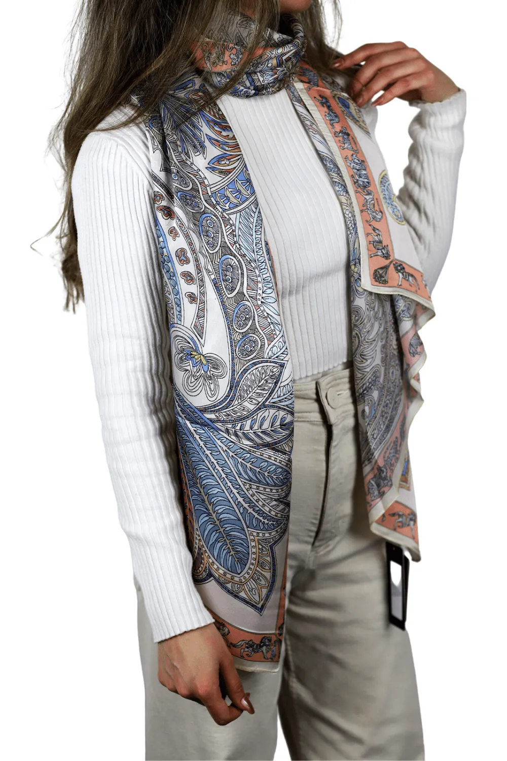 Paisley Print 100% Silk Scarf - Beige